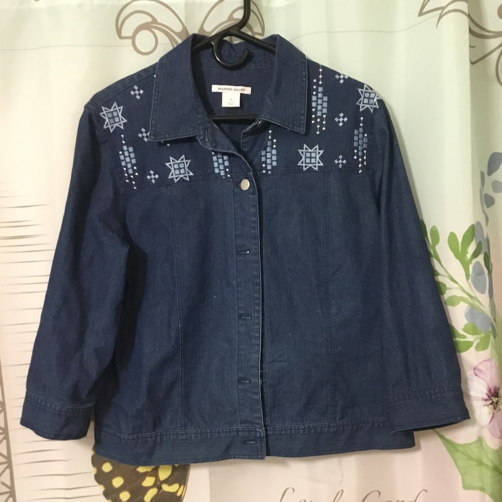 Allison Daley ~ Indigo Denim Jean Jacket Embroidered ~ Size Medium